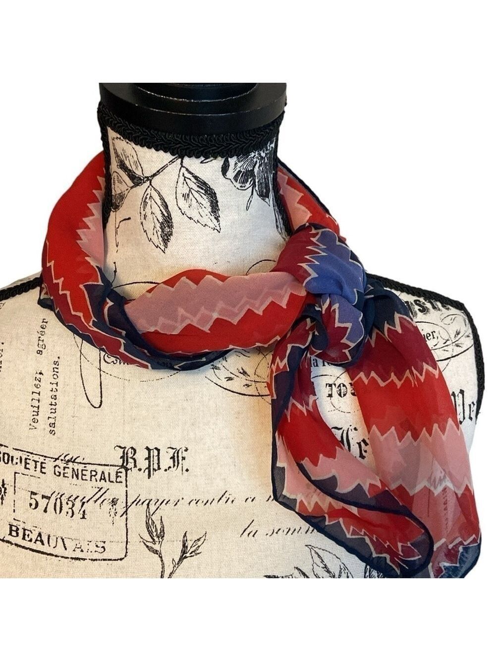 Vintage Geometric Print Scarf Square Japan Red & Blue Multi
